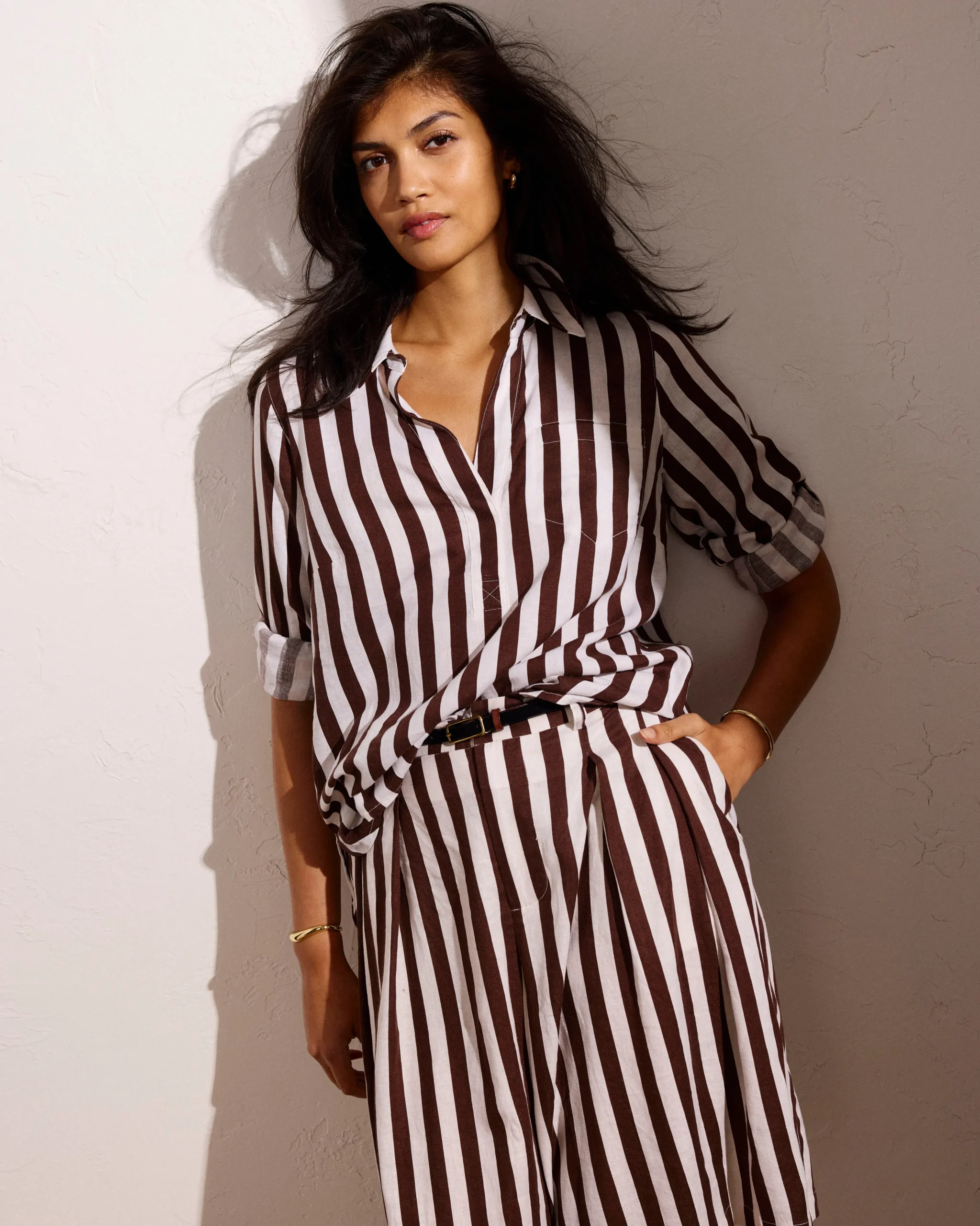 Button Back Linen Blend Polo Shirt Peppercorn Stripe