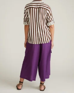 Button Back Linen Blend Polo Shirt Peppercorn Stripe
