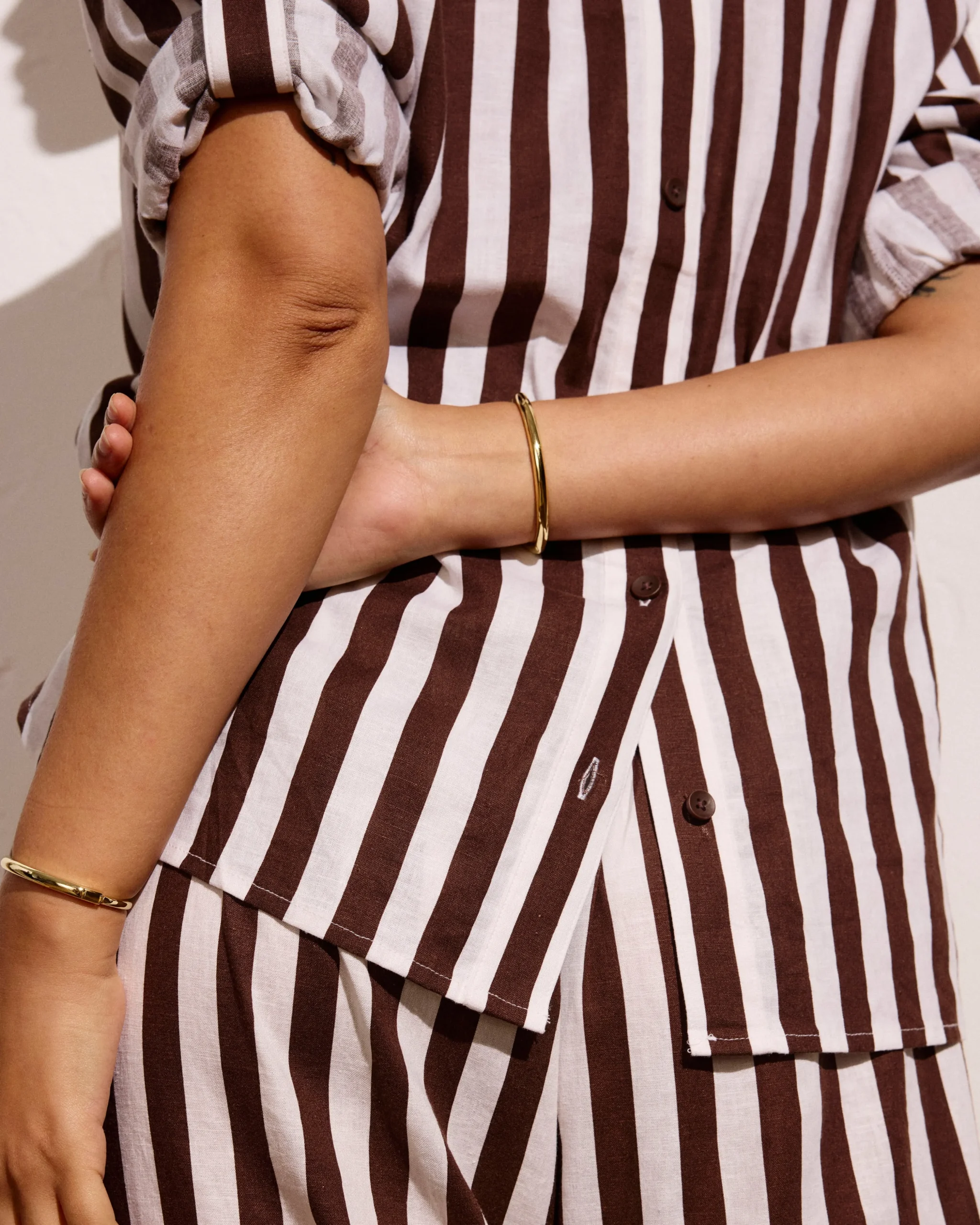 Button Back Linen Blend Polo Shirt Peppercorn Stripe