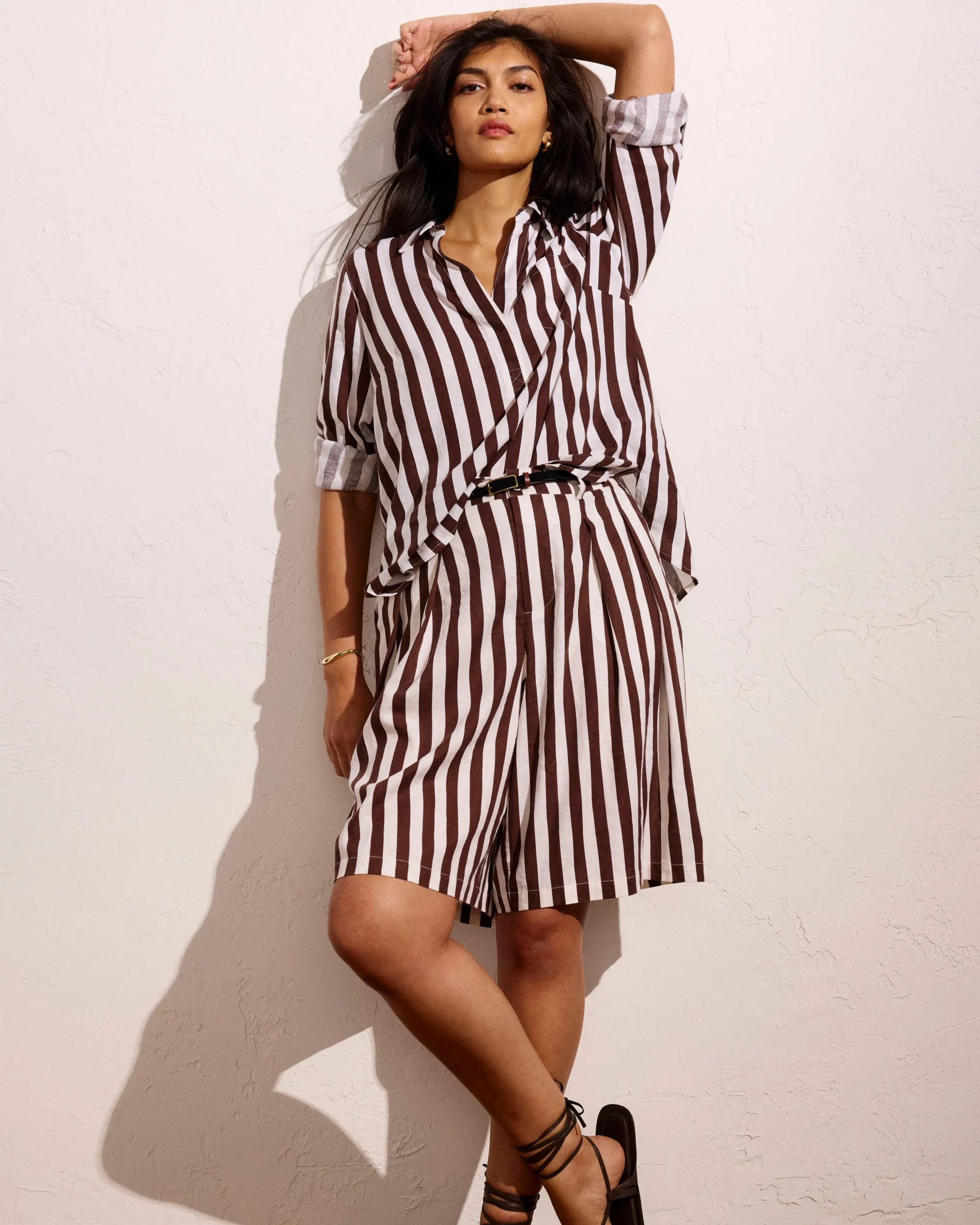 Button Back Linen Blend Polo Shirt Peppercorn Stripe