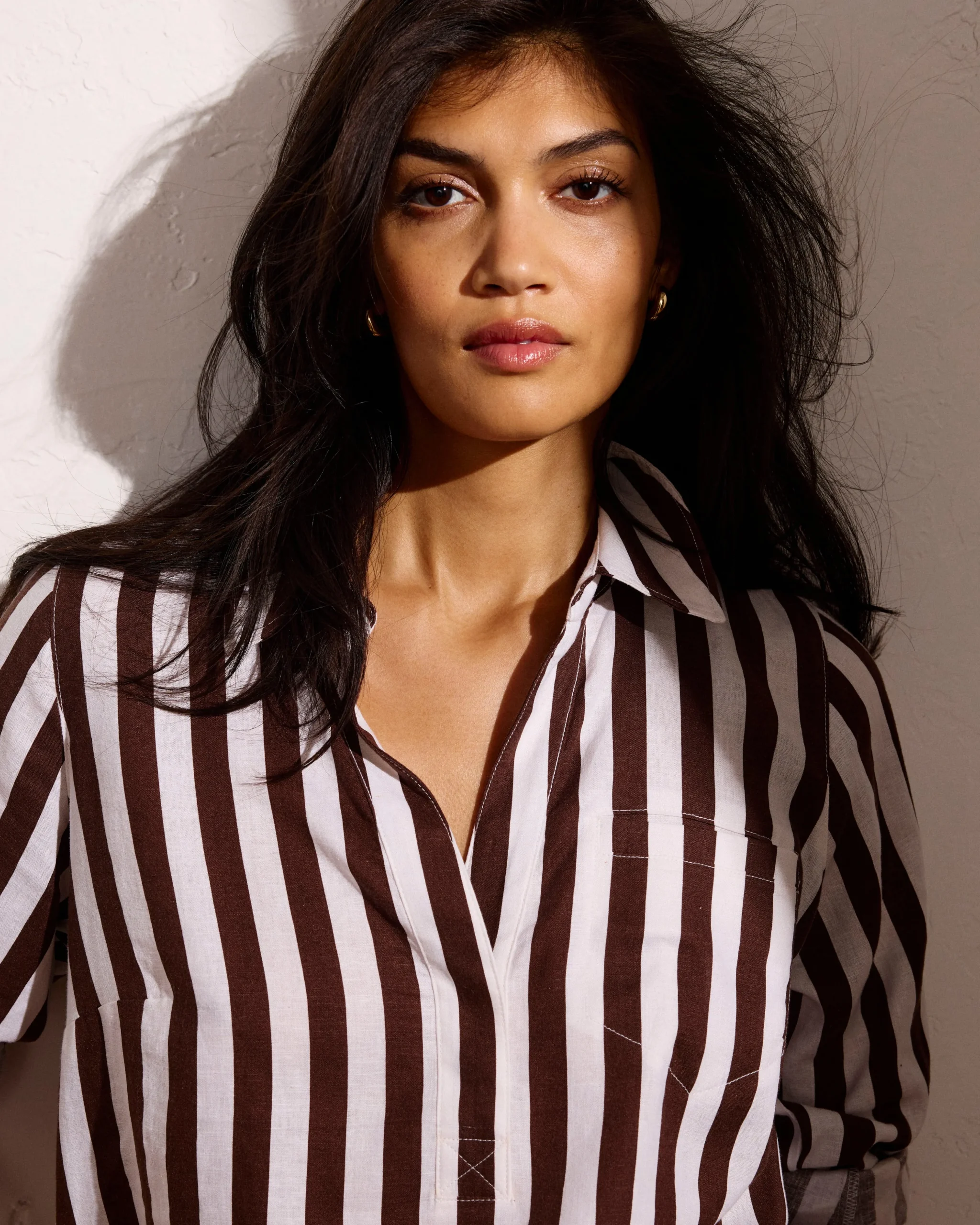 Button Back Linen Blend Polo Shirt Peppercorn Stripe