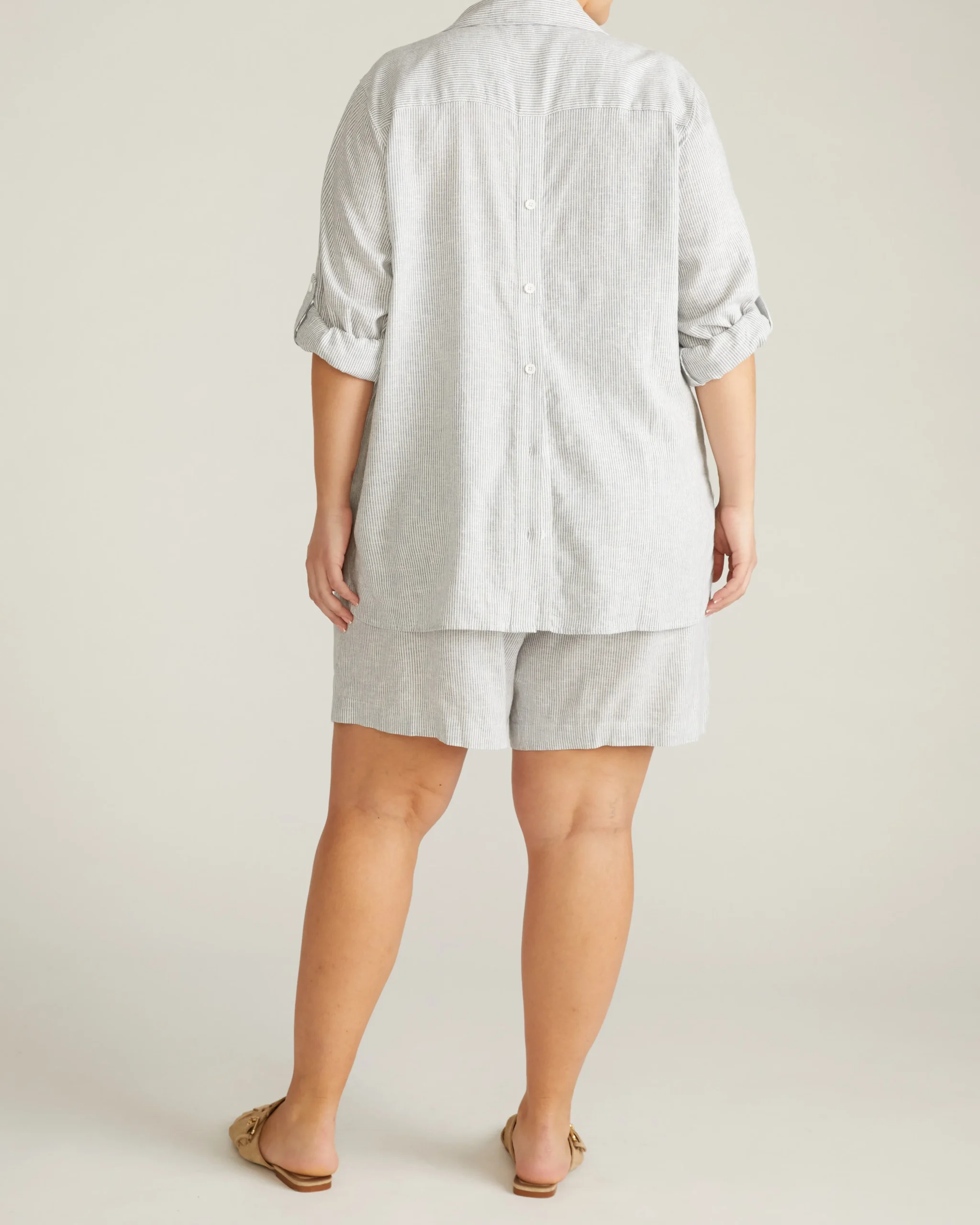 Button Back Linen Blend Polo Shirt Beach Stripe