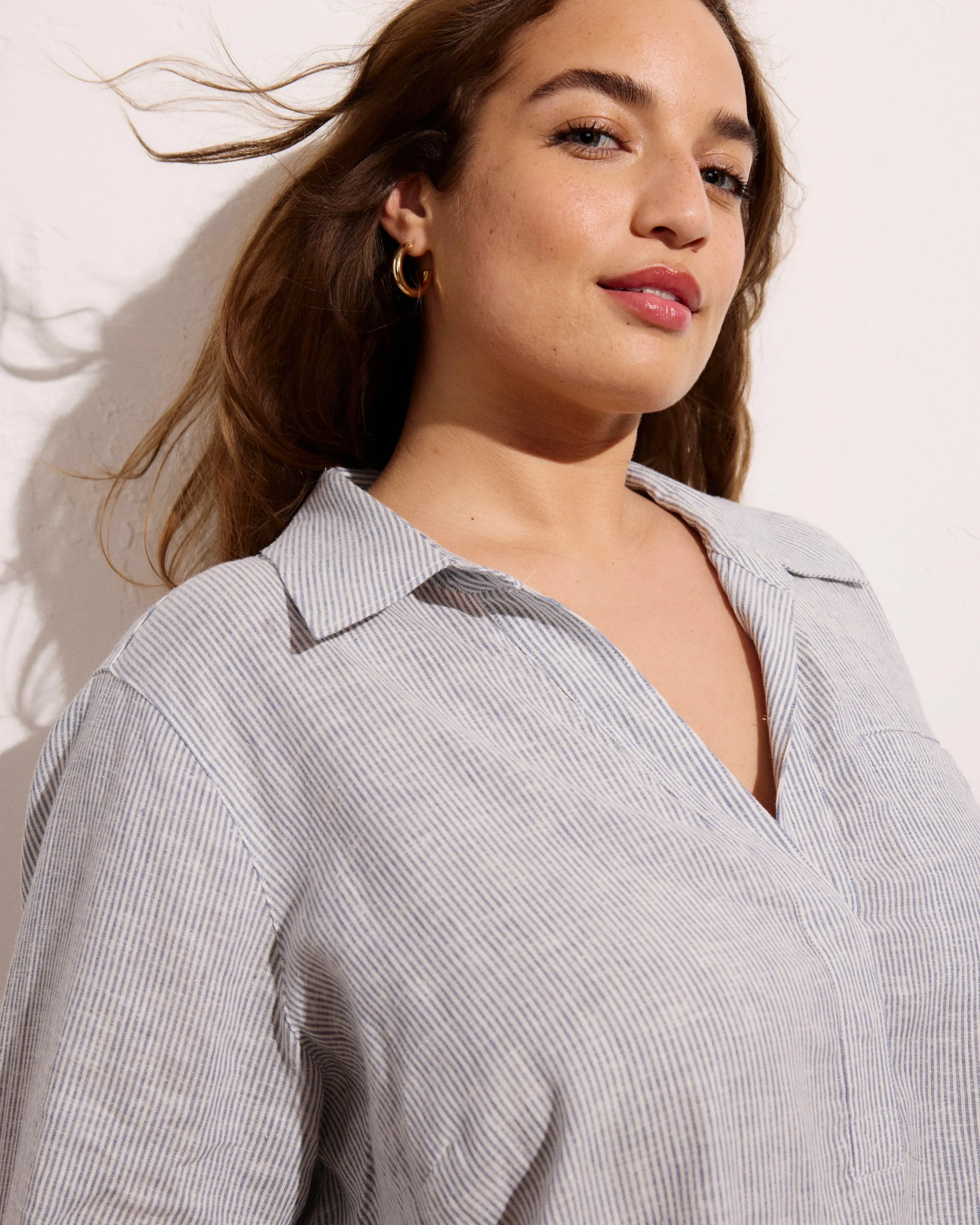 Button Back Linen Blend Polo Shirt Beach Stripe