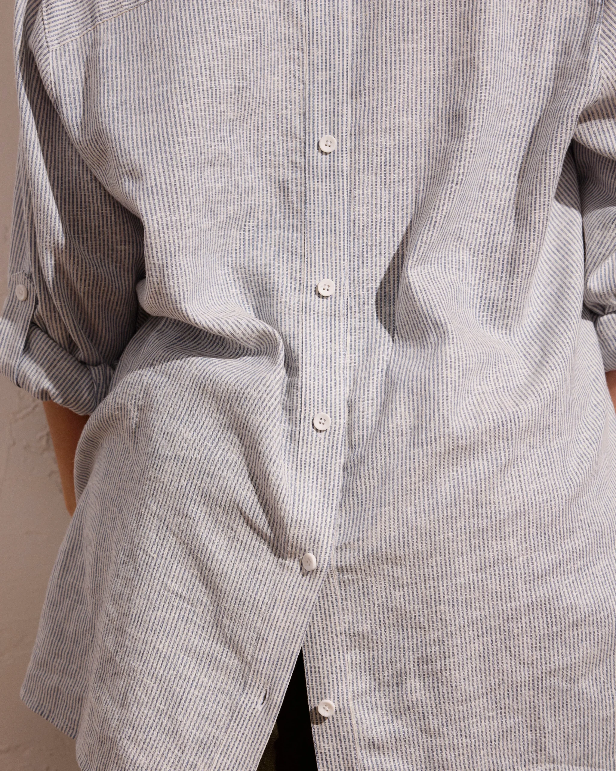 Button Back Linen Blend Polo Shirt Beach Stripe