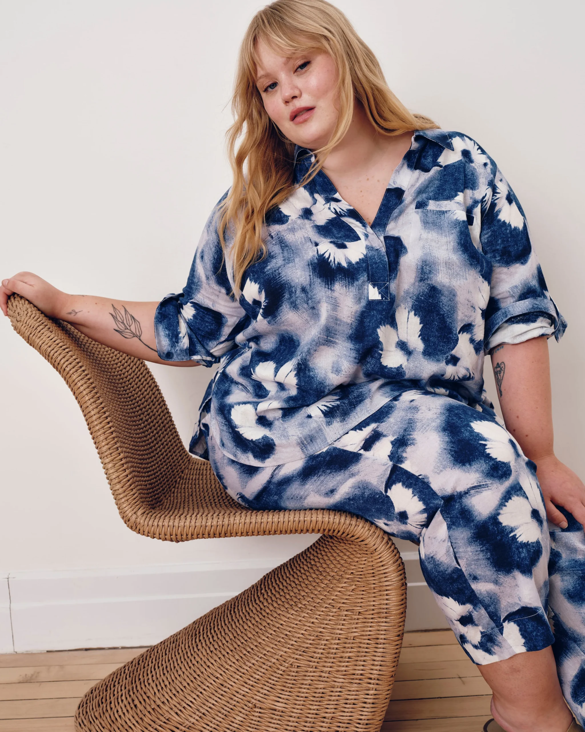 Button Back Linen Blend Polo Shirt Blue Pressed Flower Print