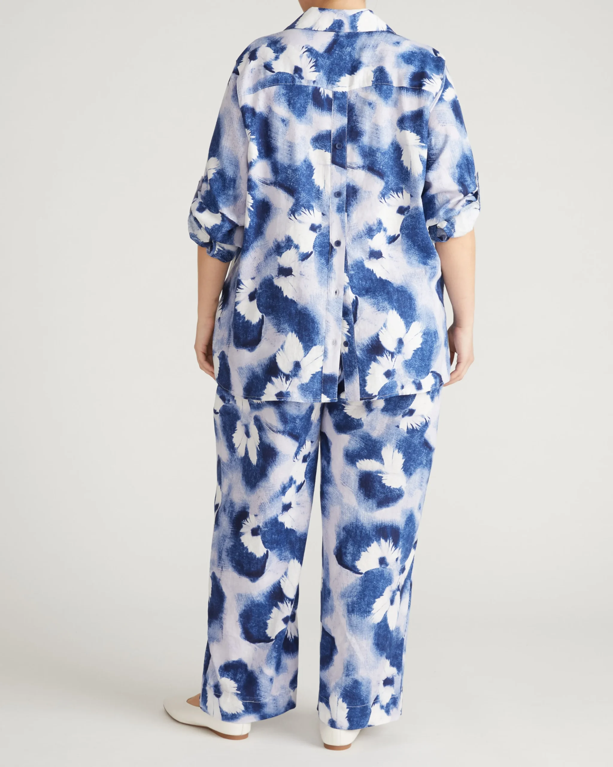 Button Back Linen Blend Polo Shirt Blue Pressed Flower Print