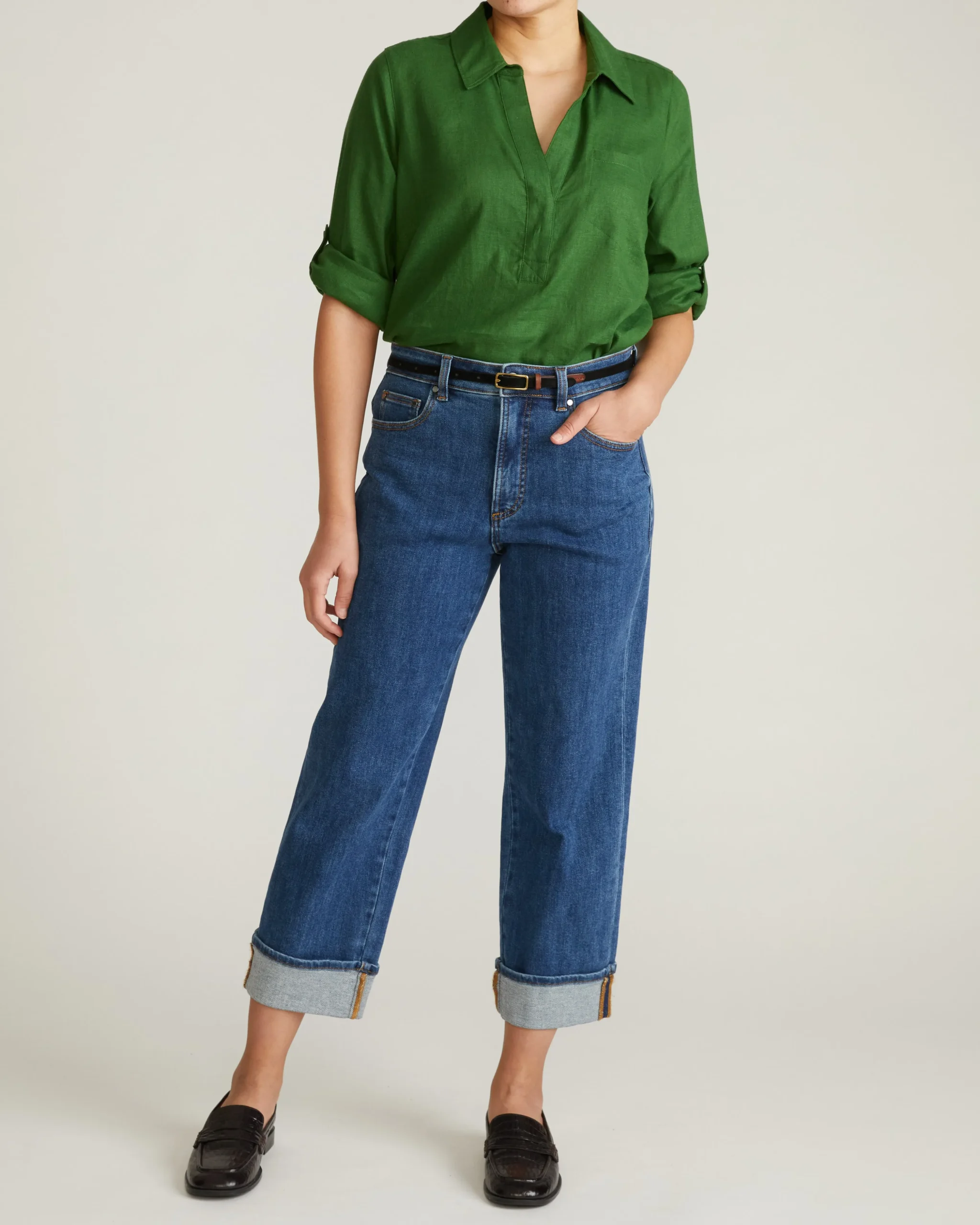 Button Back Linen Blend Polo Shirt Green Park