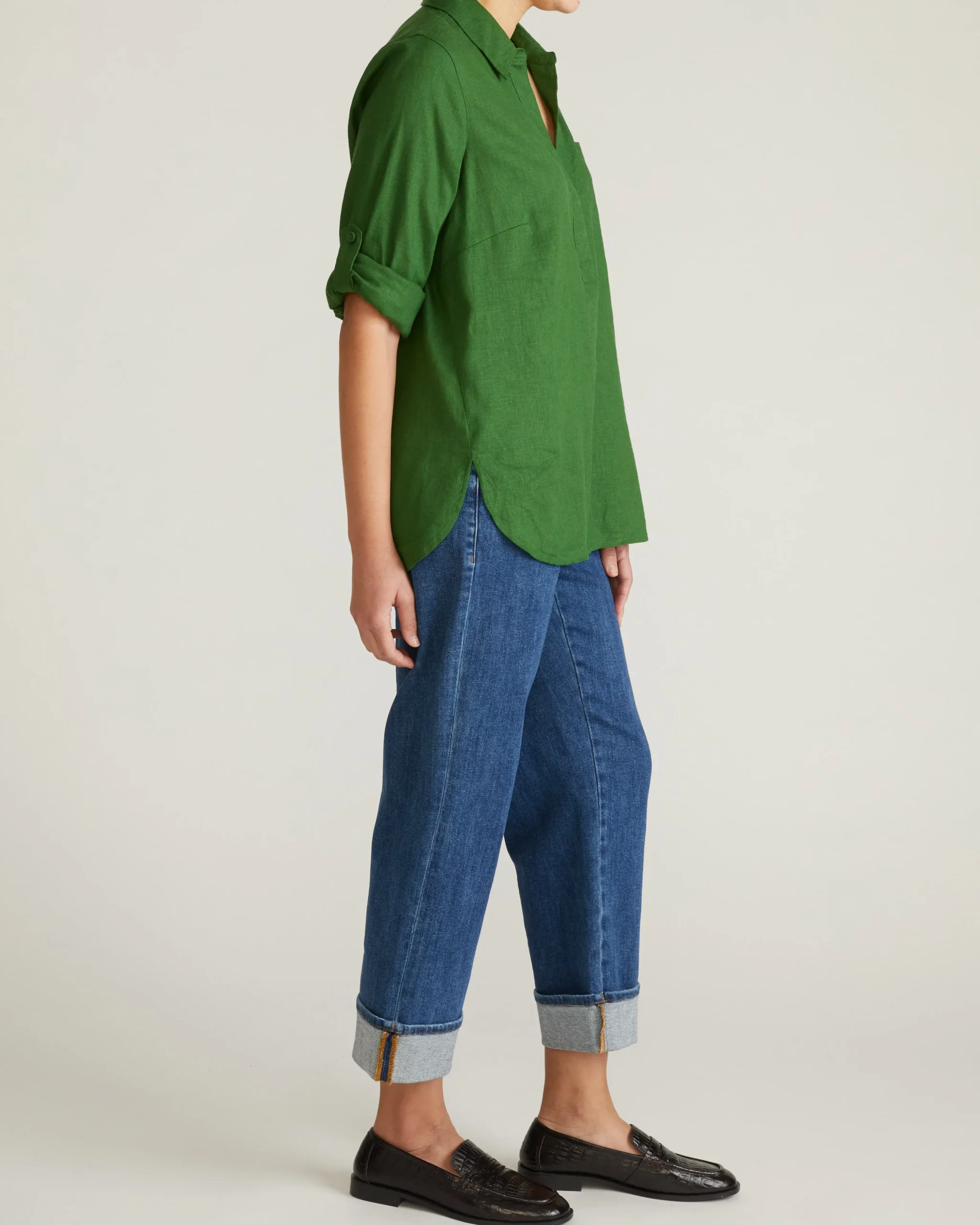 Button Back Linen Blend Polo Shirt Green Park