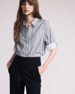 Button Back Poplin Polo Shirt Smokey Blue Stripe