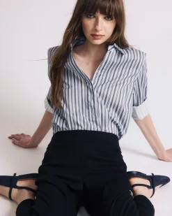 Button Back Poplin Polo Shirt Smokey Blue Stripe