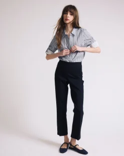 Button Back Poplin Polo Shirt Smokey Blue Stripe