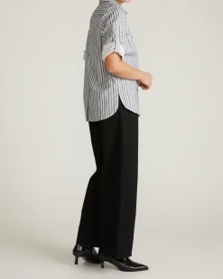 Button Back Poplin Polo Shirt Smokey Blue Stripe