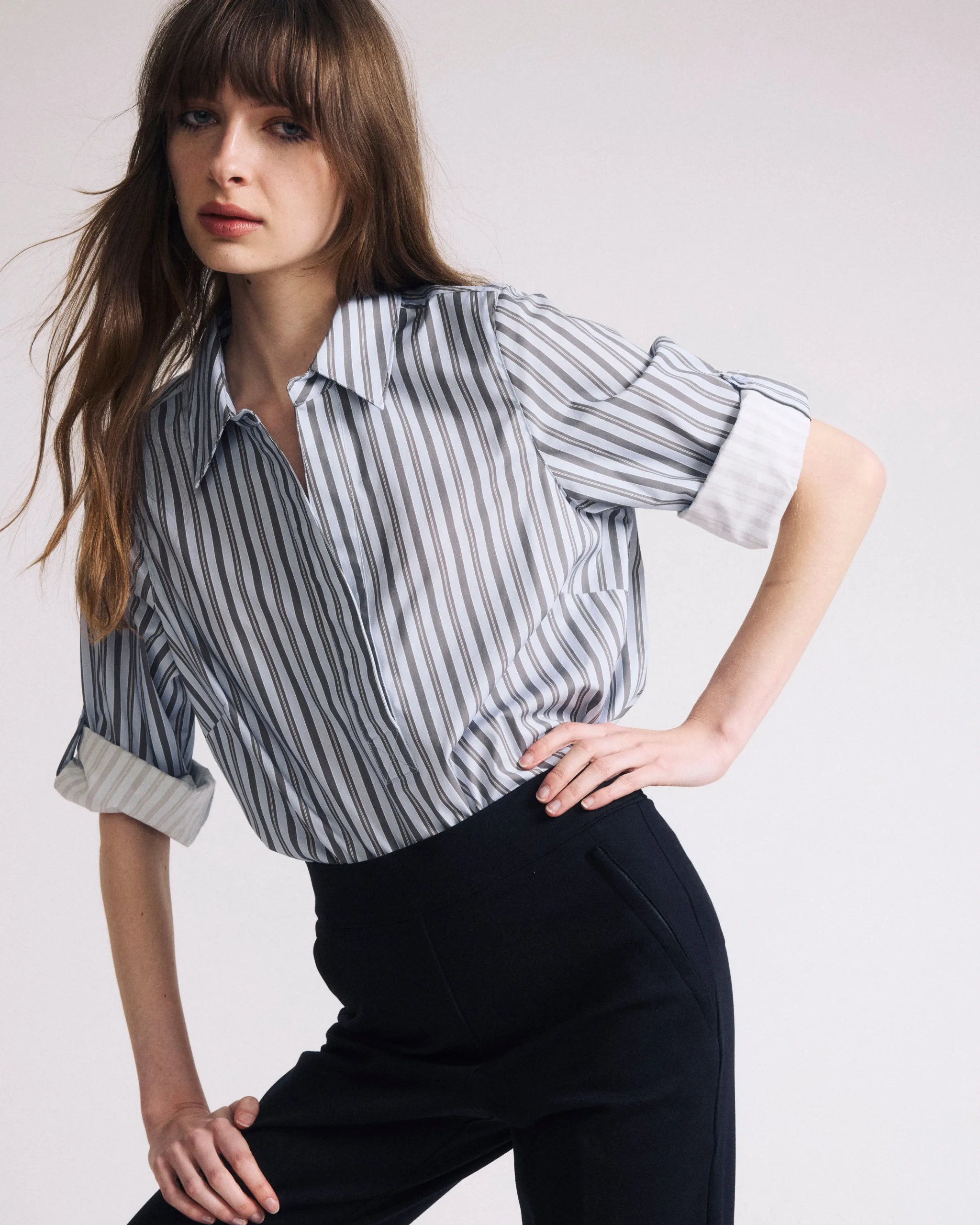 Button Back Poplin Polo Shirt Smokey Blue Stripe