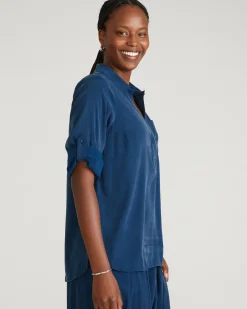 Button Back Stretch Cupro Polo Shirt Pageant Blue
