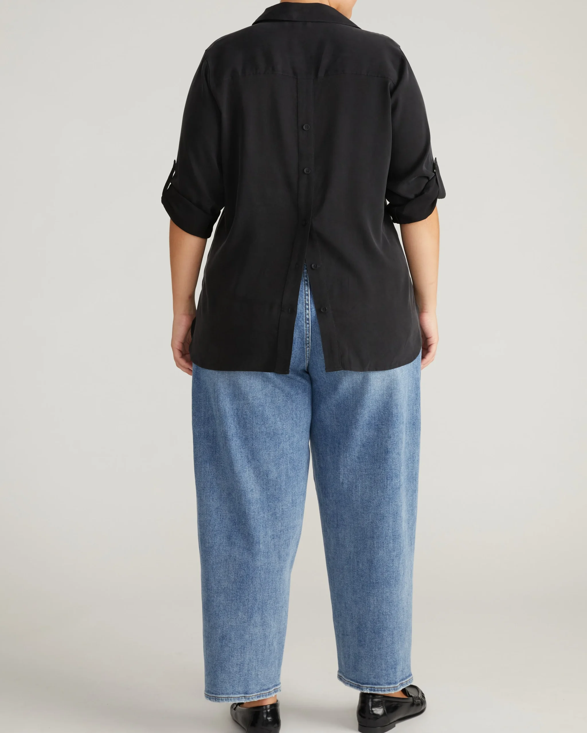 Button Back Stretch Cupro Polo Shirt Black