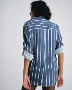 Button Back Stretch Cupro Polo Shirt Ensign Blue/White Stripe