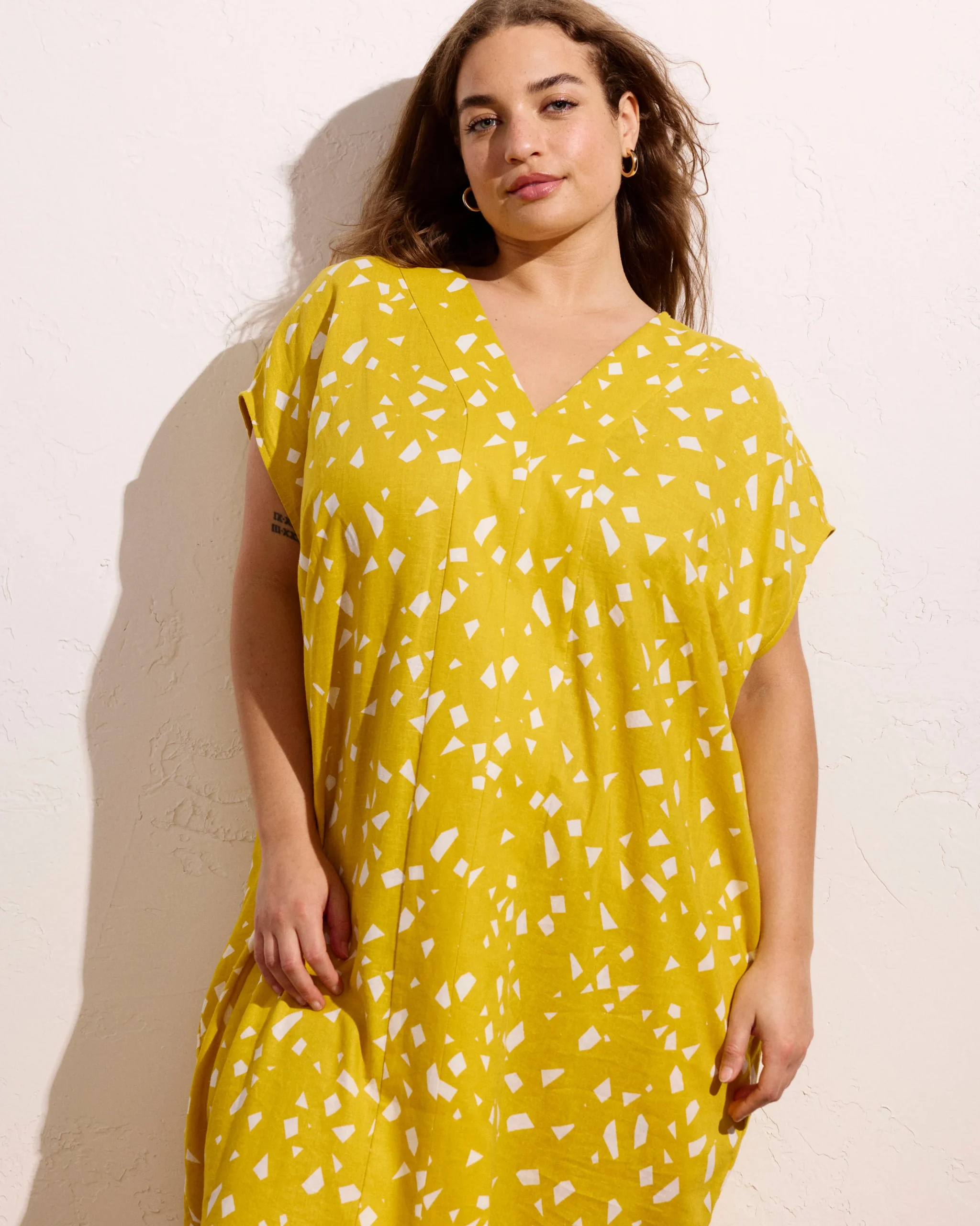 Cabana Linen Blend Kaftan Yellow Confetti Print
