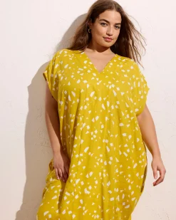 Cabana Linen Blend Kaftan Yellow Confetti Print