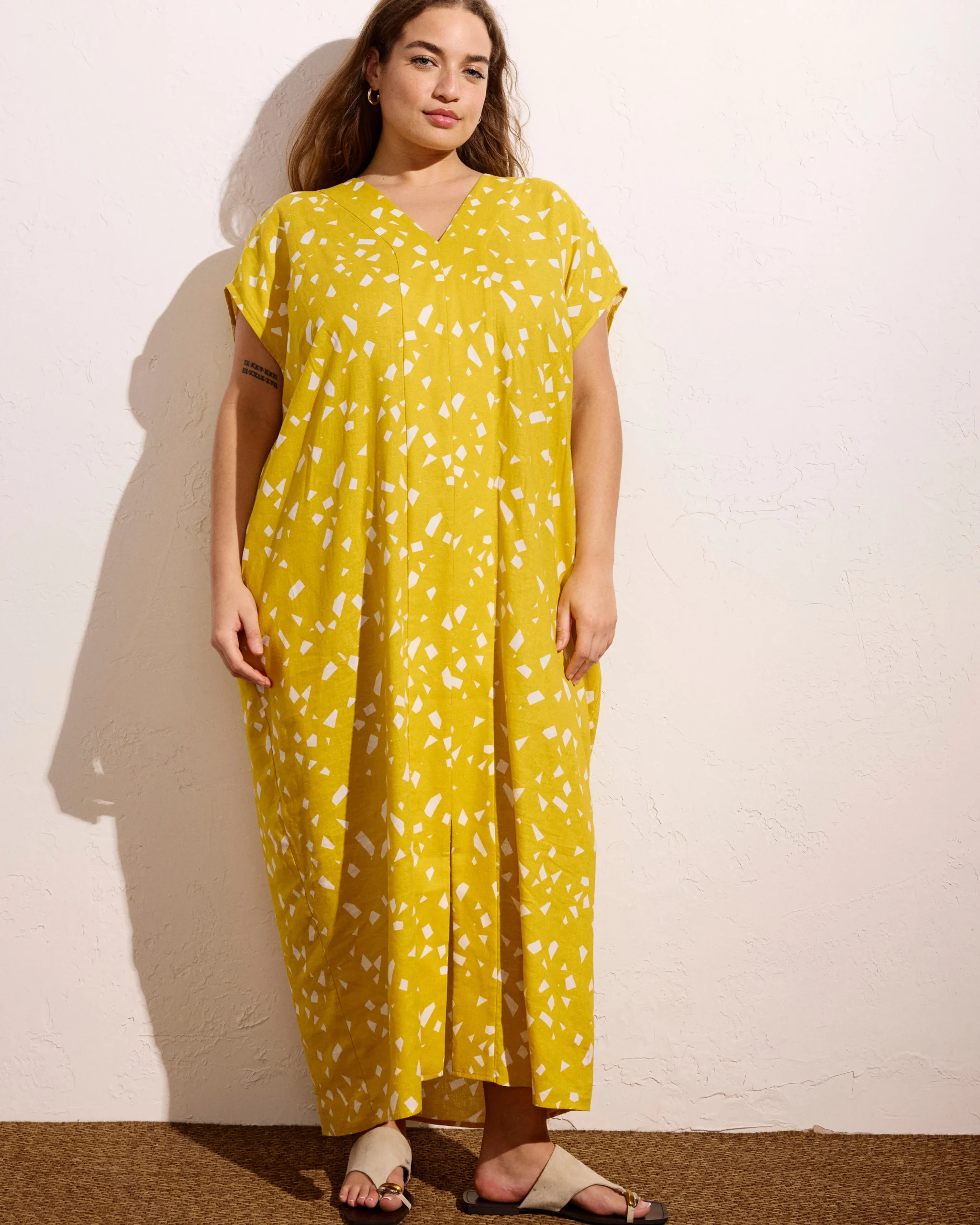 Cabana Linen Blend Kaftan Yellow Confetti Print