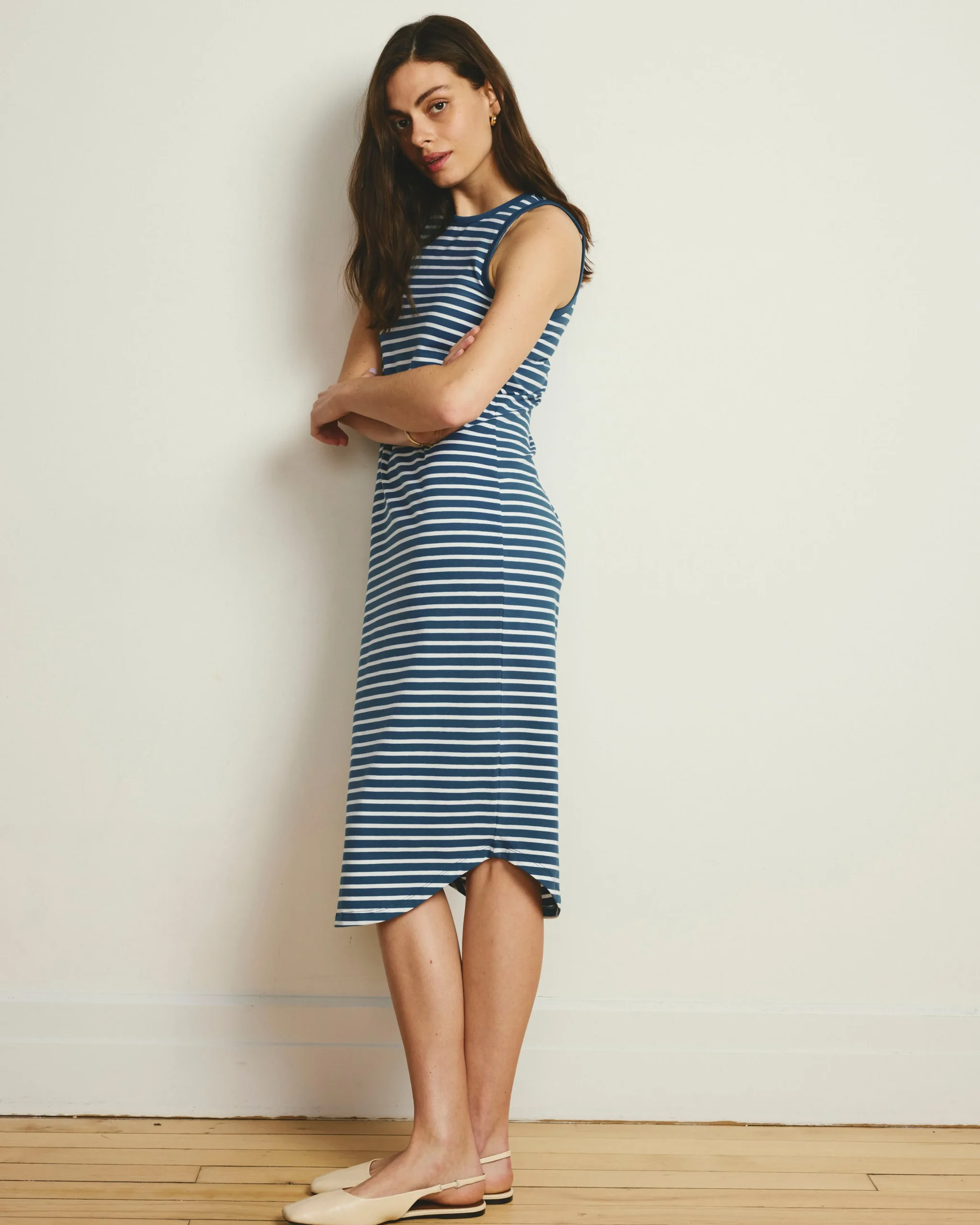 Cai High Neck Tank Dress Ink Blue/White Stripe