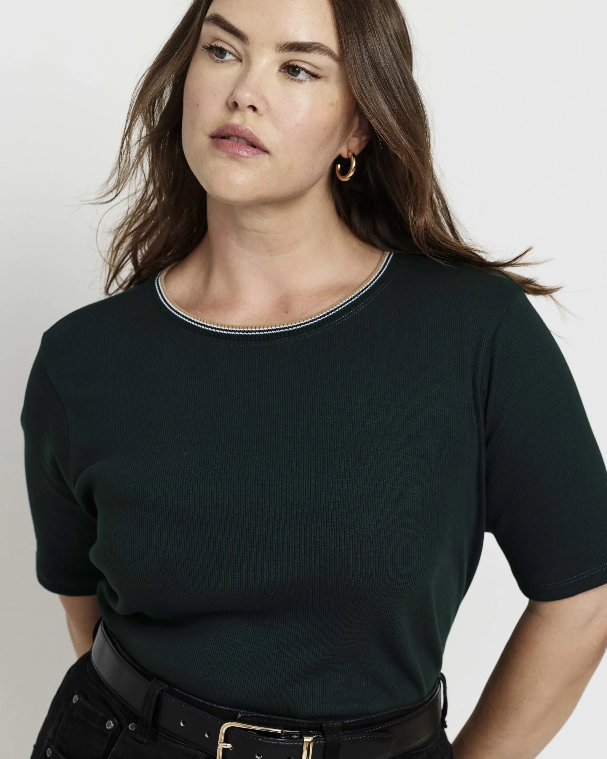 Classic Ribbed Tee Forest Green/Striped Trim
