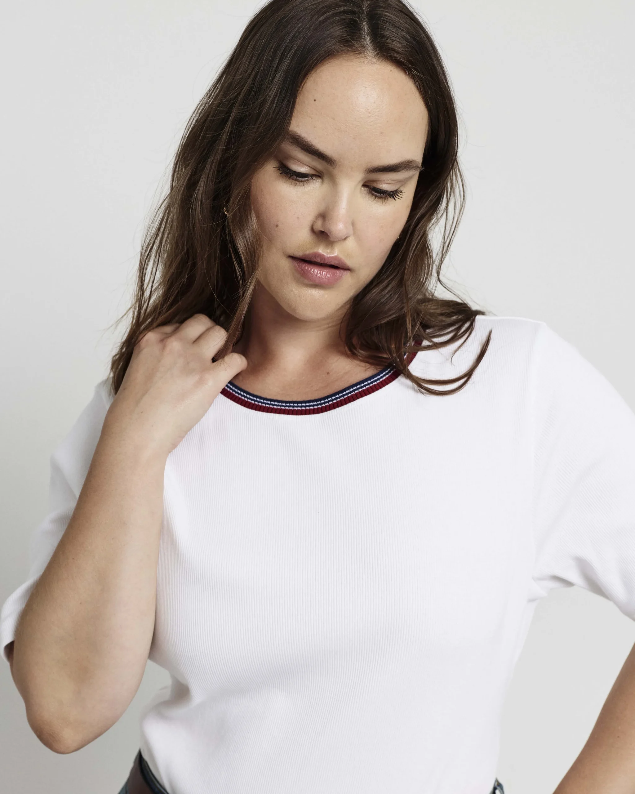 Classic Ribbed Tee White/Striped Trim