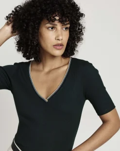 Classic V-Neck Ribbed Tee Forest Green/Striped Trim