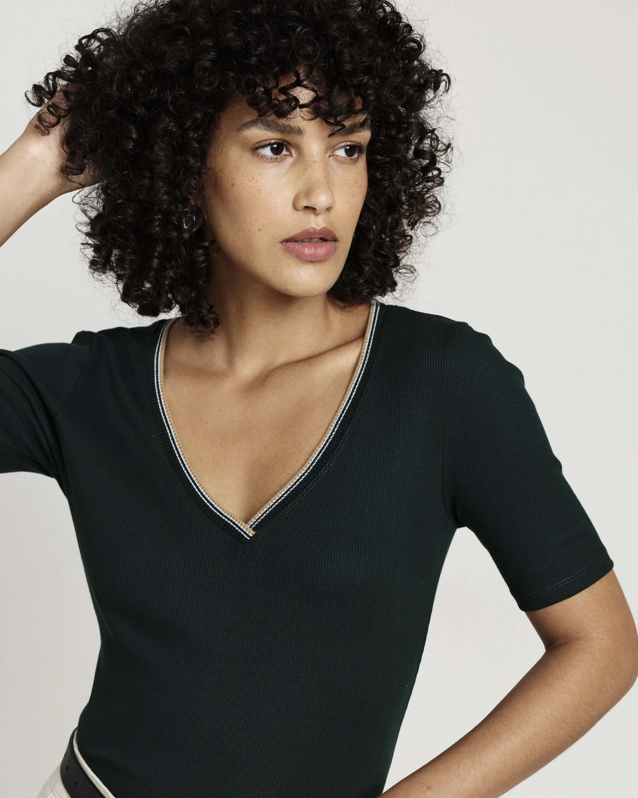 Classic V-Neck Ribbed Tee Forest Green/Striped Trim