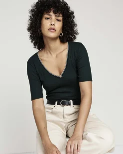 Classic V-Neck Ribbed Tee Forest Green/Striped Trim