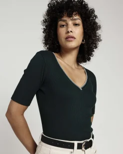 Classic V-Neck Ribbed Tee Forest Green/Striped Trim
