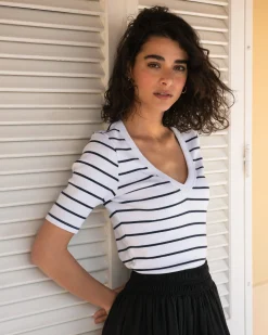 Classic V-Neck Ribbed Tee Nautical Navy Stripe