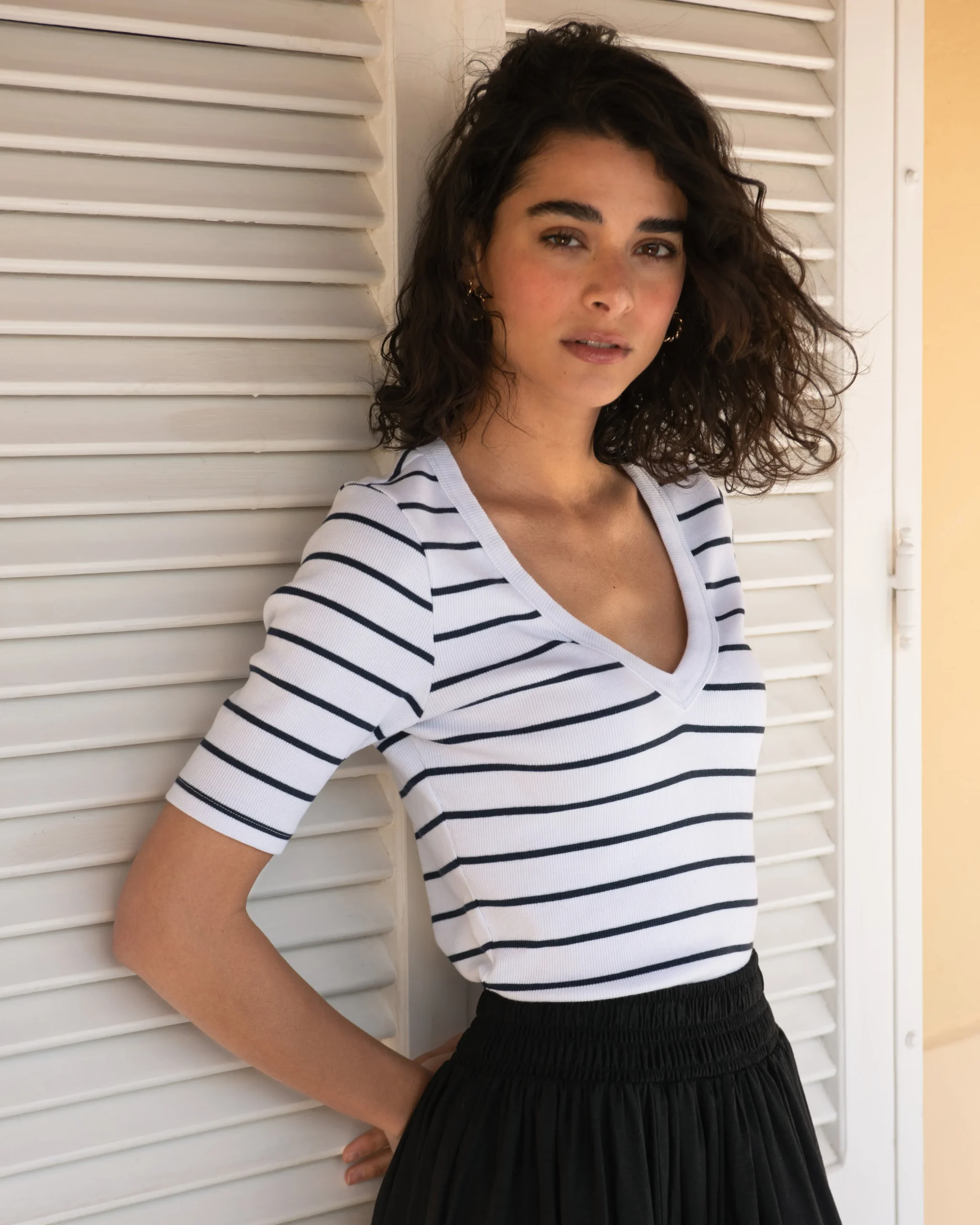 Classic V-Neck Ribbed Tee Nautical Navy Stripe
