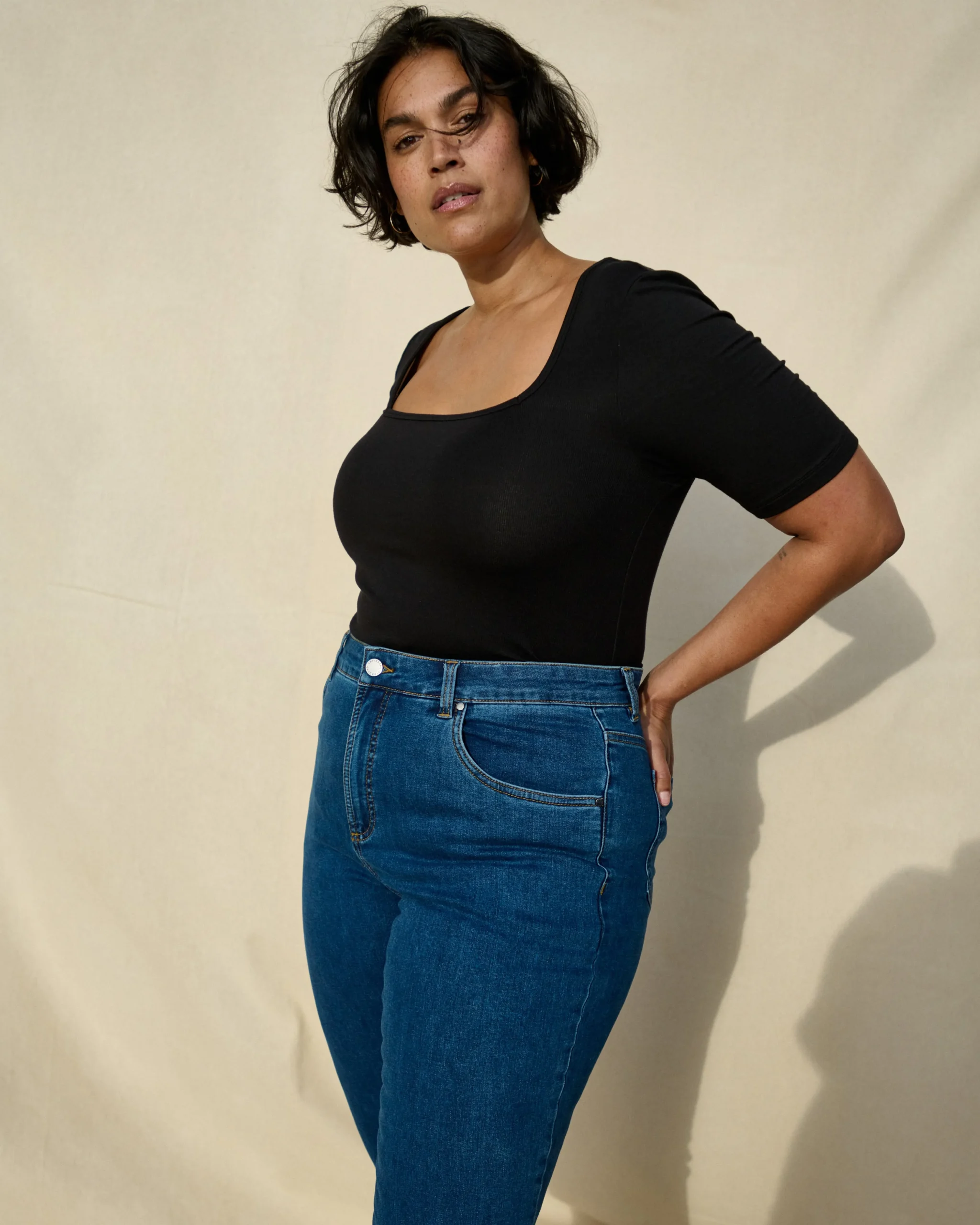 Cloud Rib Short Sleeve Square Neck Tee Black