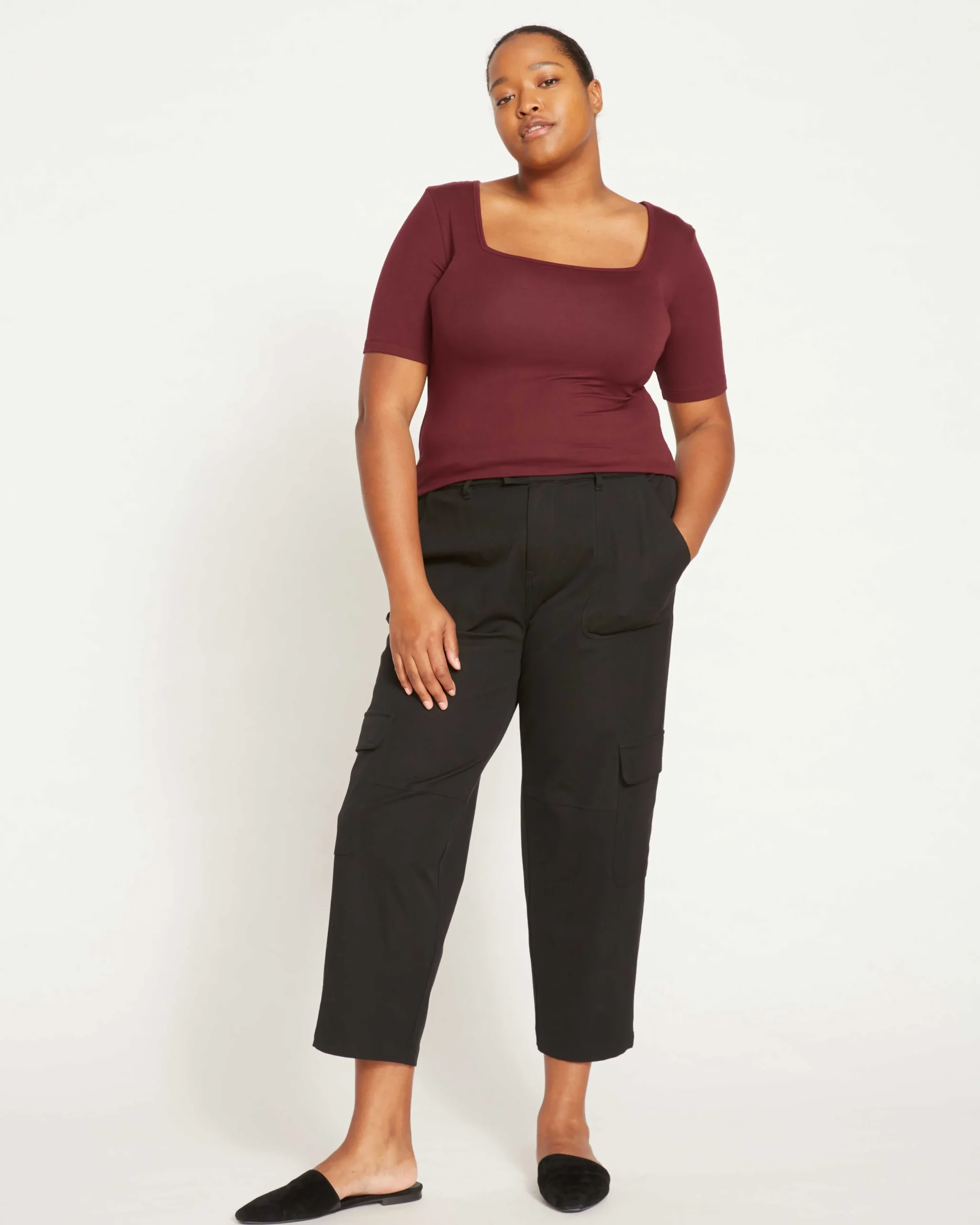 Cloud Rib Short Sleeve Square Neck Tee Black Cherry
