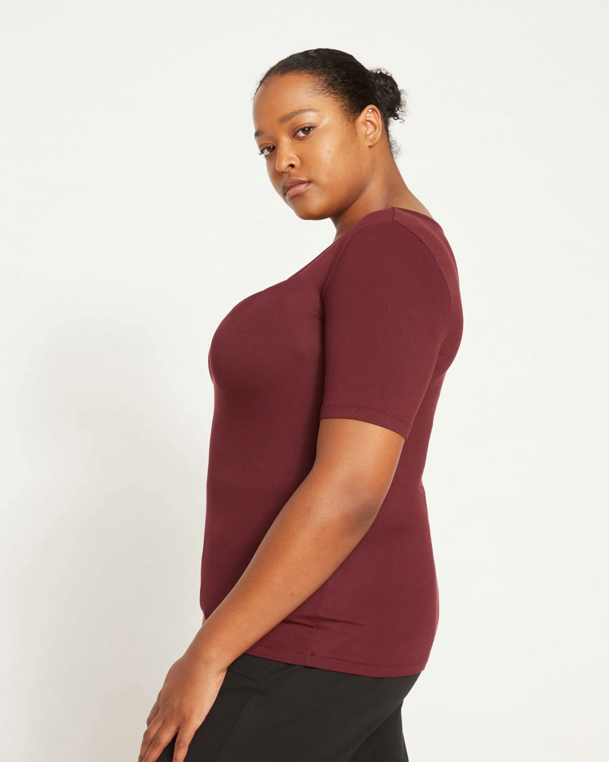 Cloud Rib Short Sleeve Square Neck Tee Black Cherry