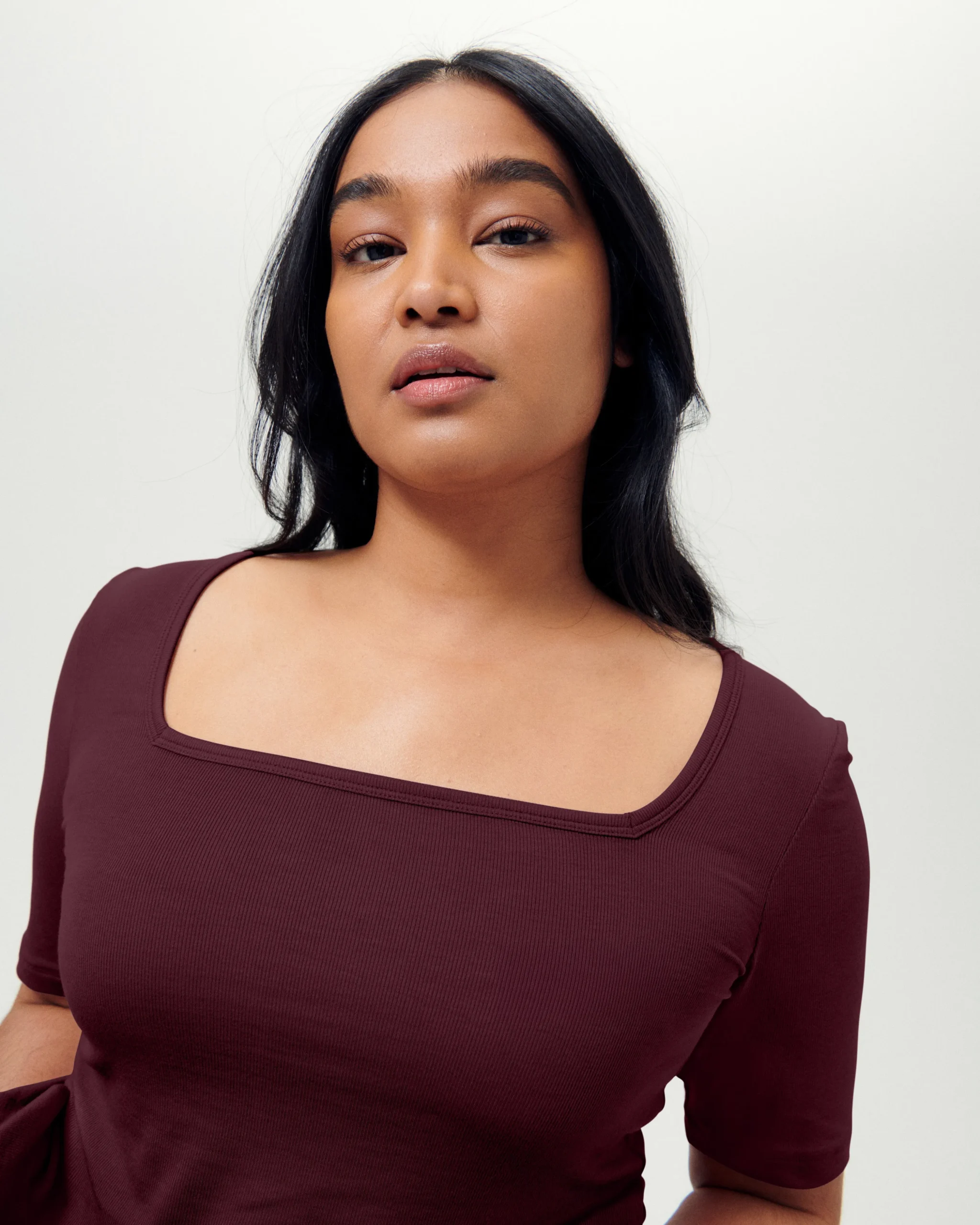 Cloud Rib Short Sleeve Square Neck Tee Black Cherry