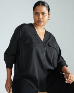 Cooling Stretch Cupro Button-Down Blouse Black