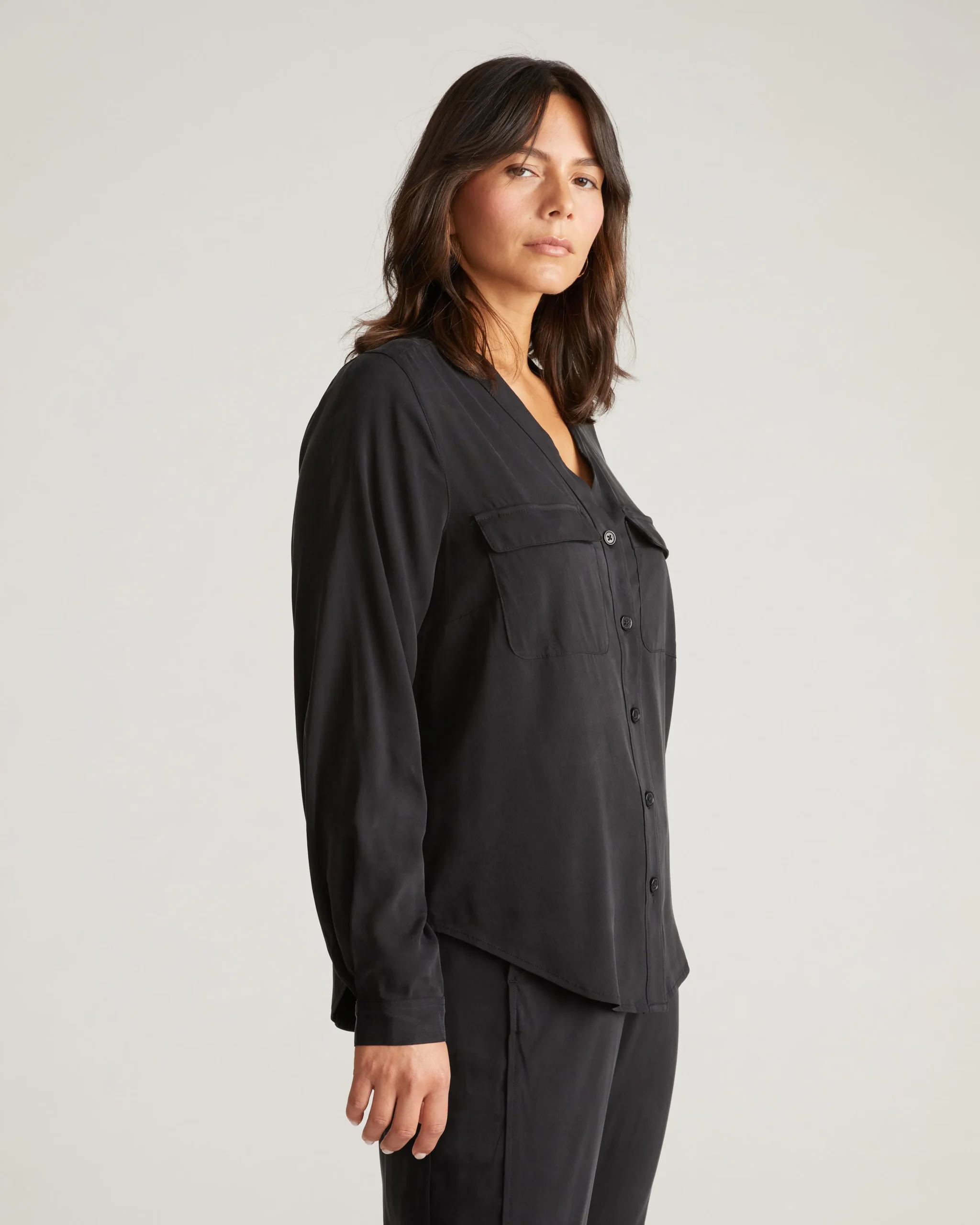 Cooling Stretch Cupro Button-Down Blouse Black