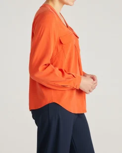 Cooling Stretch Cupro Button-Down Blouse Orange Flame