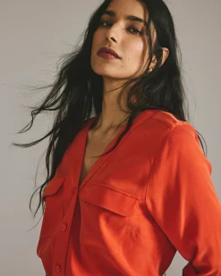 Cooling Stretch Cupro Button-Down Blouse Orange Flame