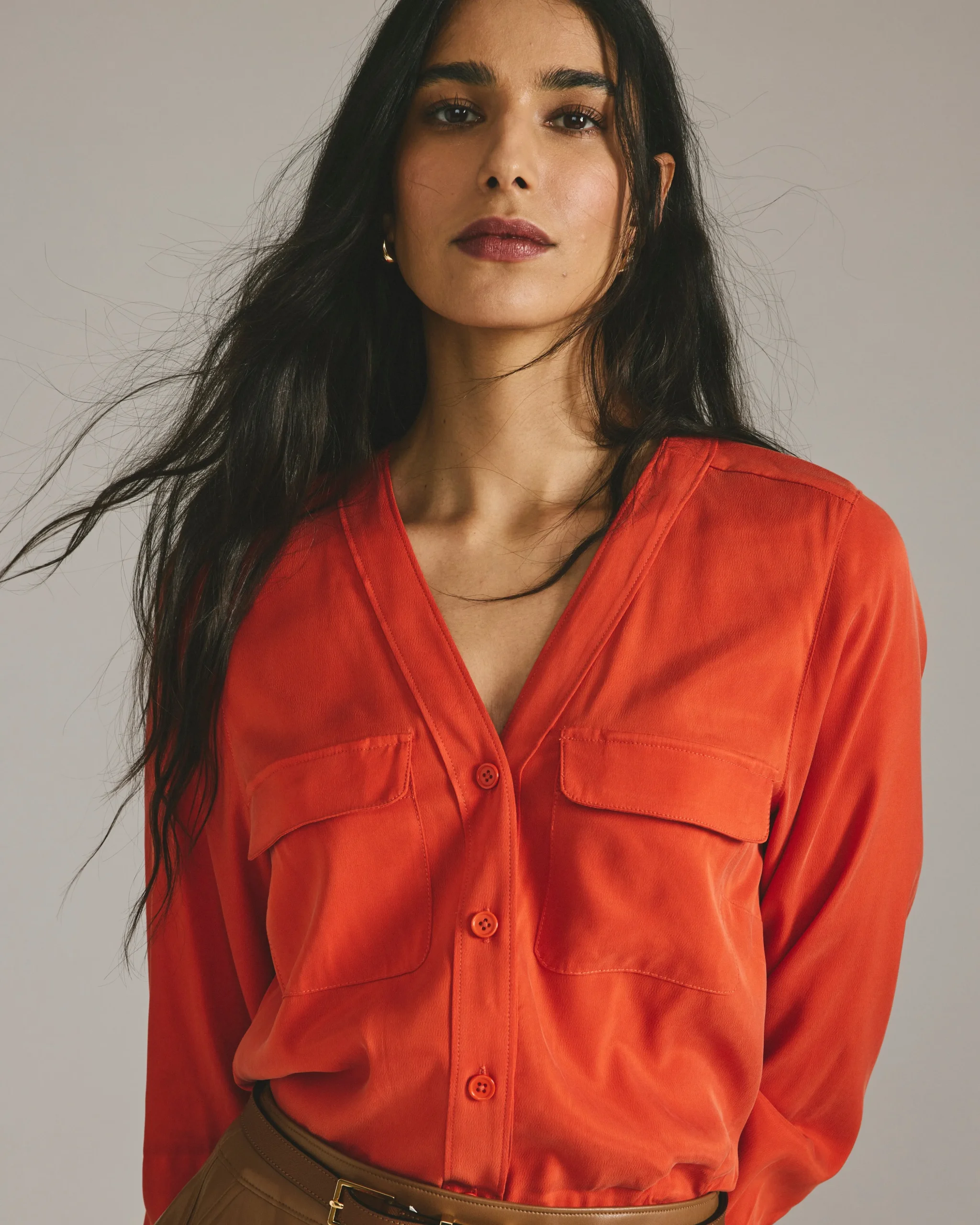 Cooling Stretch Cupro Button-Down Blouse Orange Flame