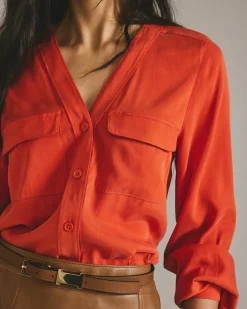 Cooling Stretch Cupro Button-Down Blouse Orange Flame