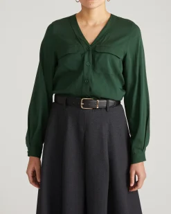 Cooling Stretch Cupro Button-Down Blouse Forest Green