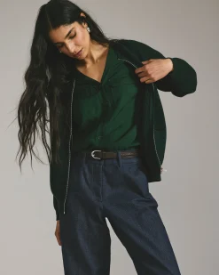 Cooling Stretch Cupro Button-Down Blouse Forest Green