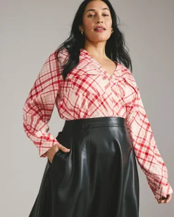 Cooling Stretch Cupro Button-Down Blouse Red Plaid Print