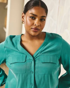 Cooling Stretch Cupro Button-Down Blouse Green Tourmaline