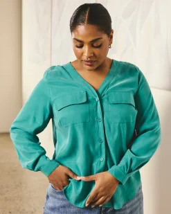 Cooling Stretch Cupro Button-Down Blouse Green Tourmaline