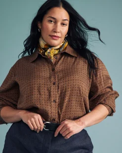 Cooling Stretch Cupro Oversized Artist Shirt Brown Hacienda Print