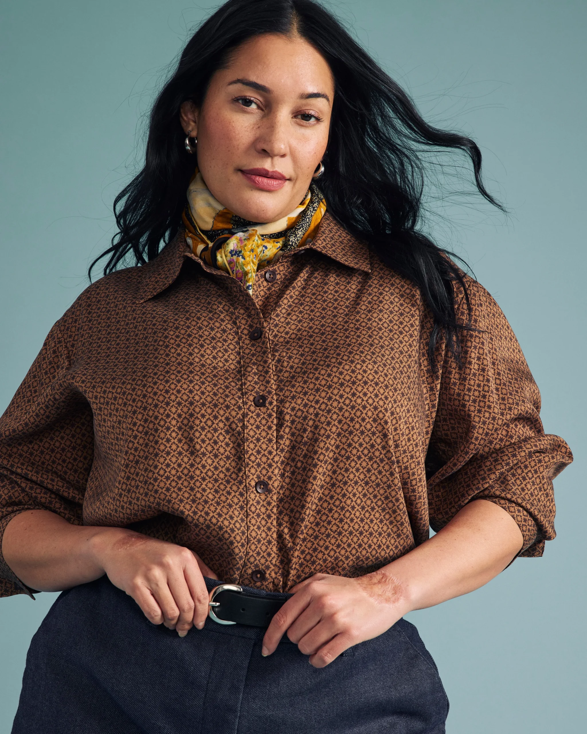 Cooling Stretch Cupro Oversized Artist Shirt Brown Hacienda Print
