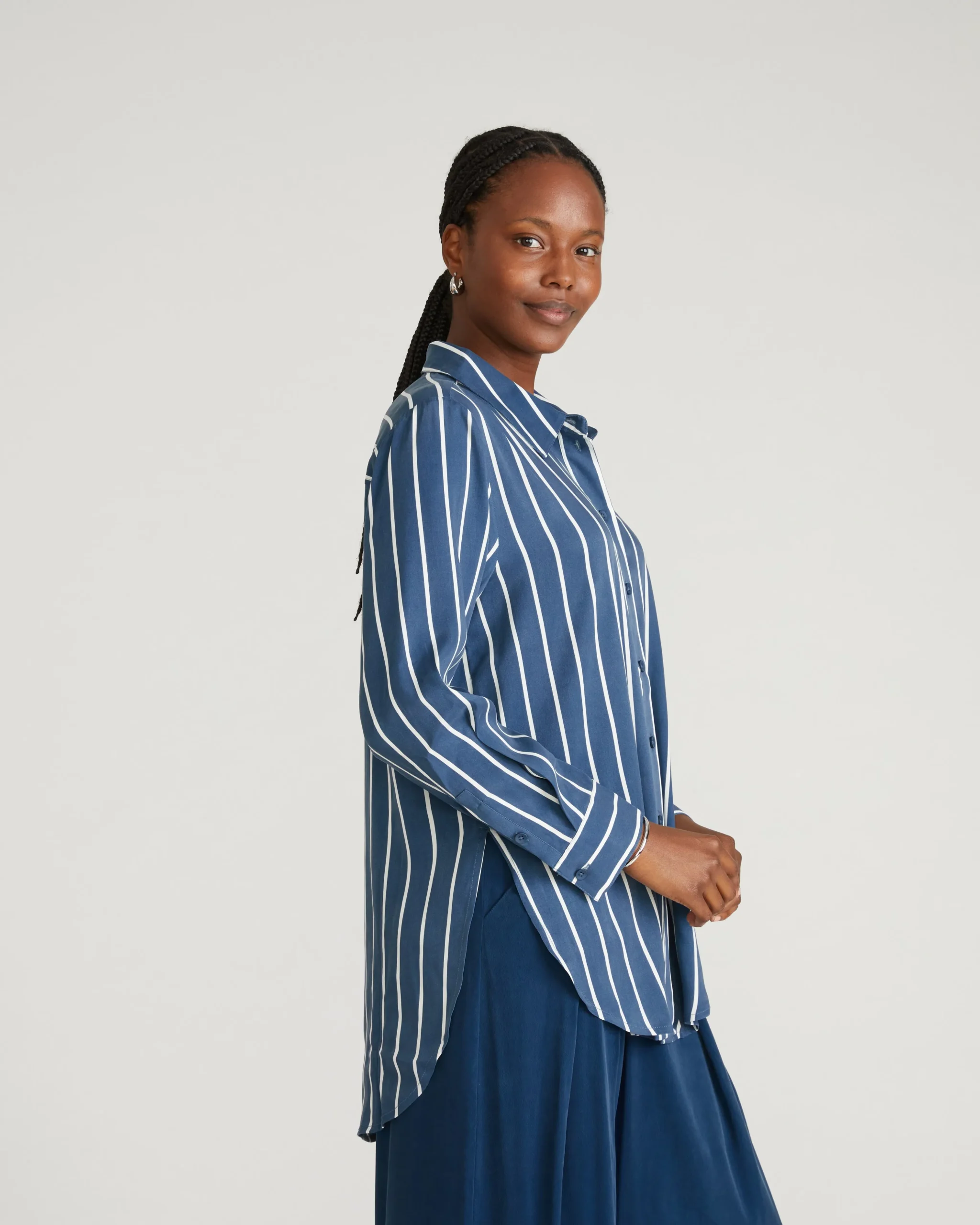 Cooling Stretch Cupro Oversized Artist Shirt Ensign Blue/White Stripe